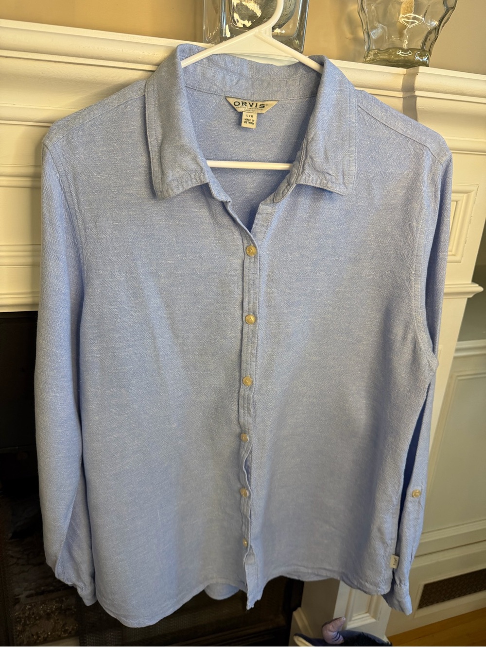 Orvis Classic Blue Linen Blend Button Down Shirt Roll Tab Sleeve Women's Large L